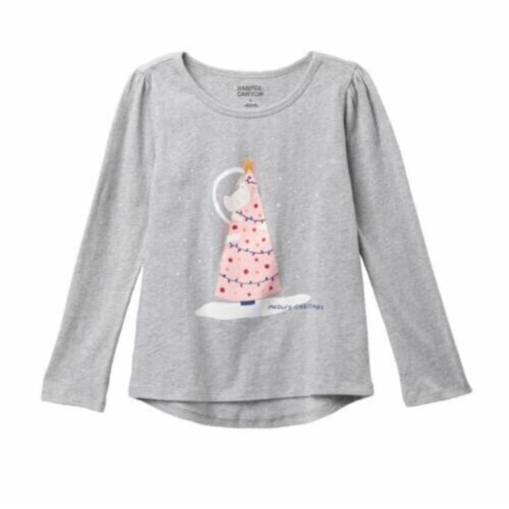 Harper Canyon Girls Grey Christmas Cat Long Sleeve Graphic Tee Size 2
